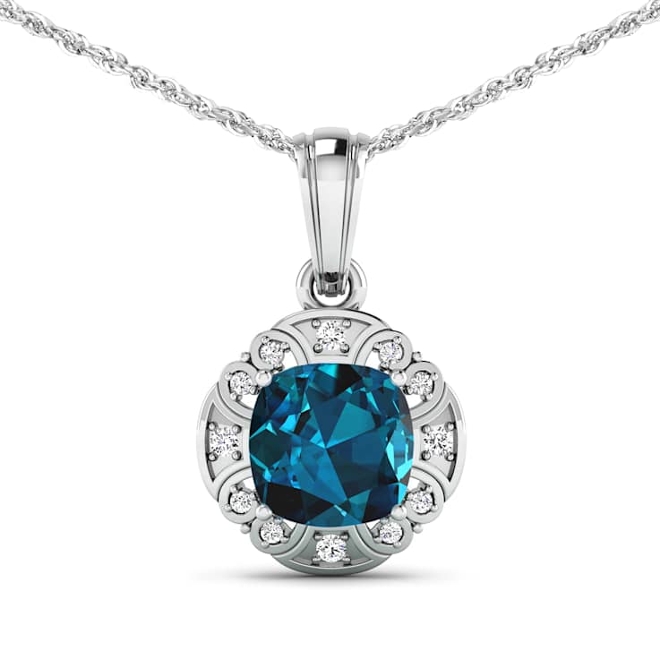 2.15ctw 14K White Gold Blue London Blue Topaz and White Diamond Pendant
with 18 inch Cable Chain