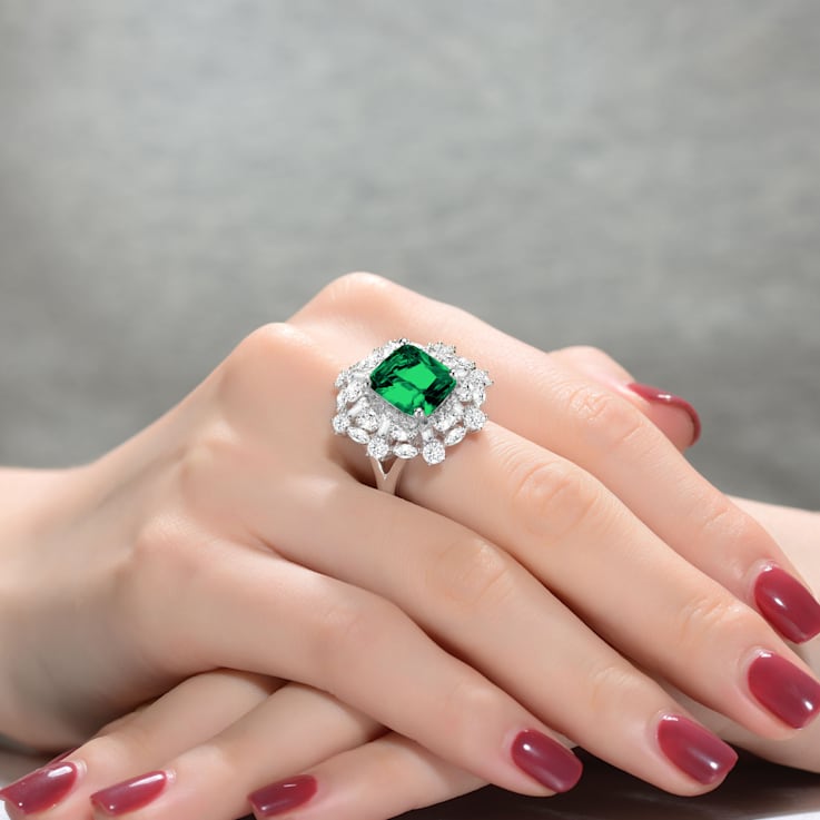 Green Cubic Zirconia, Rhodium Plated over Sterling Silver Ring