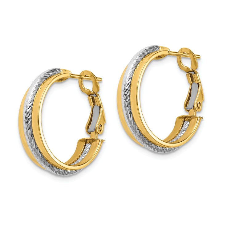 14k Yellow Gold and 14k White Gold Polished Diamond-Cut 13/16" Hoop Earrings