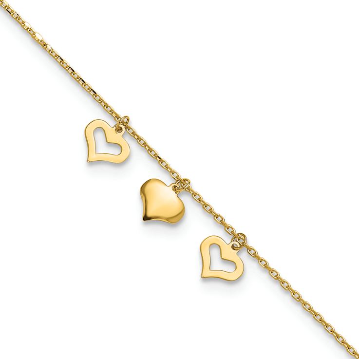 10k Yellow Gold 3 Hearts Charm Cable Link Anklet