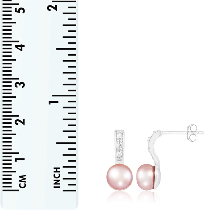 8-8½mm Pink Cultured Freshwater Pearl and Cubic Zirconia Rhodium Over
Sterling Silver Earrings