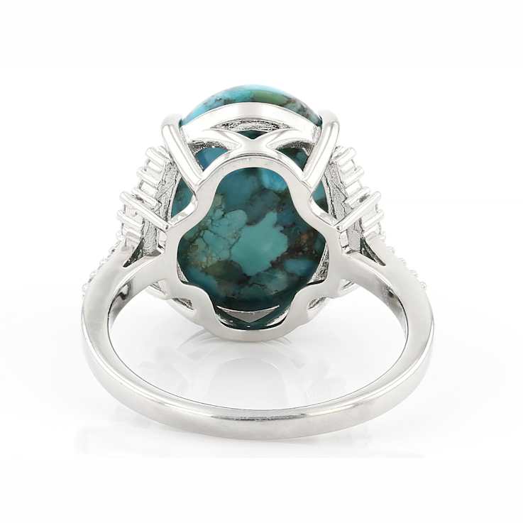 Oval Composite Turquoise Ring With CZ Accents In Rhodium Over Brass 0.39ctw