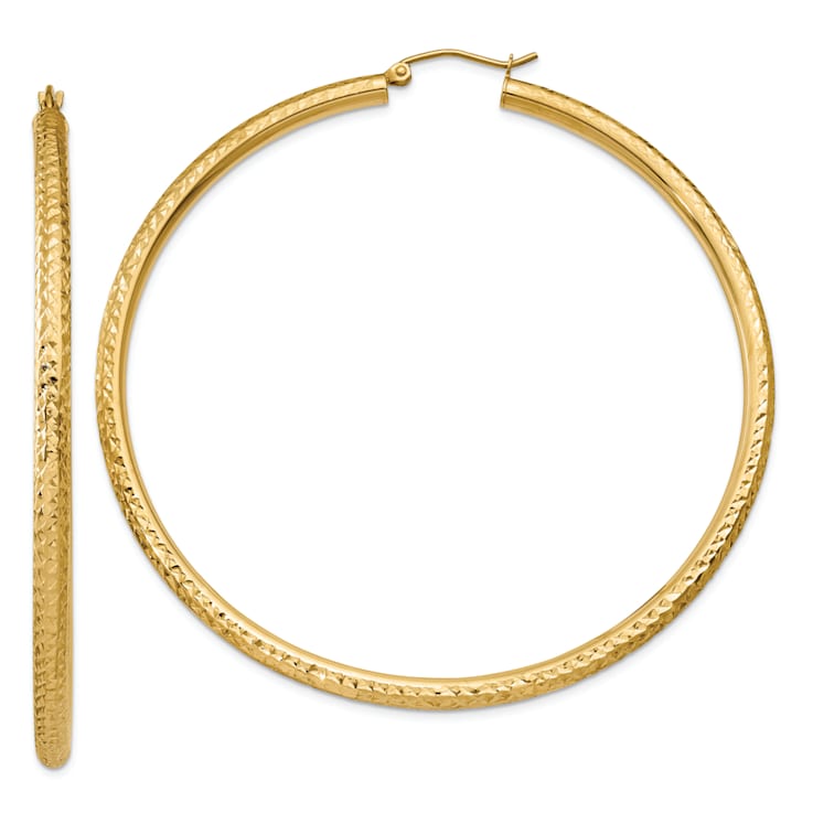 14k Yellow Gold Diamond-cut 2 9/16" Round Hoop Earrings