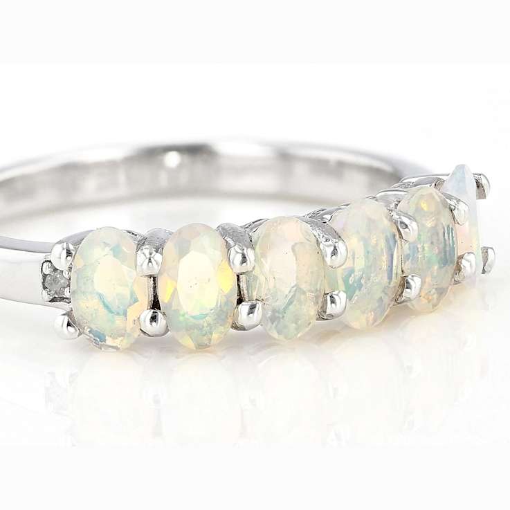 Opal And Diamond Accent Band Ring In Sterling Silver