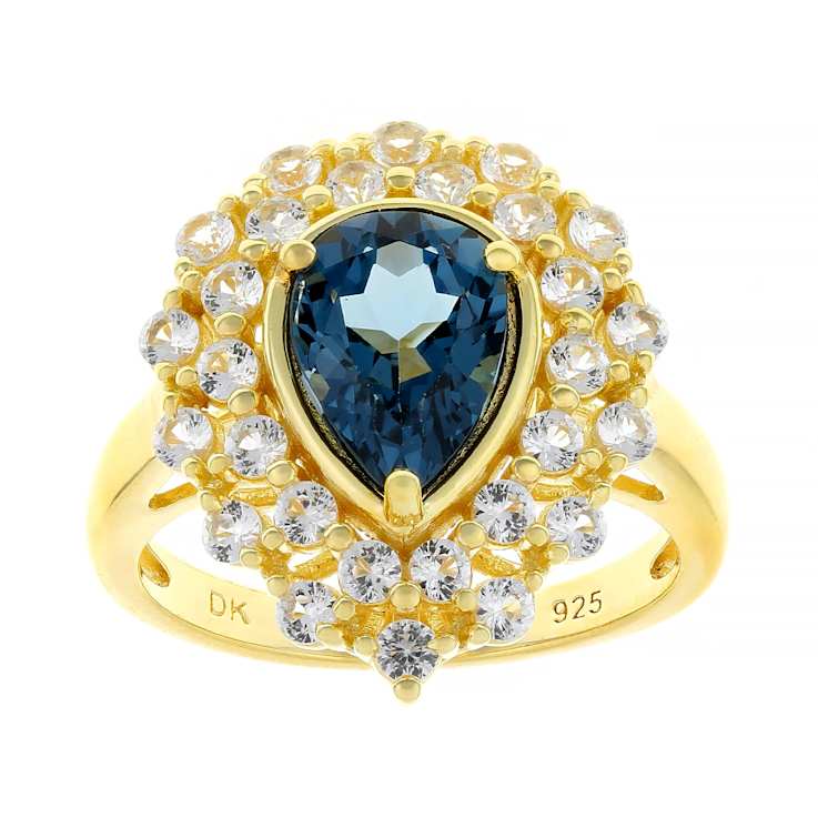 Blue Topaz And Lab White Sapphire Ring In 18K Gold Over Sterling Silver 3.08ctw