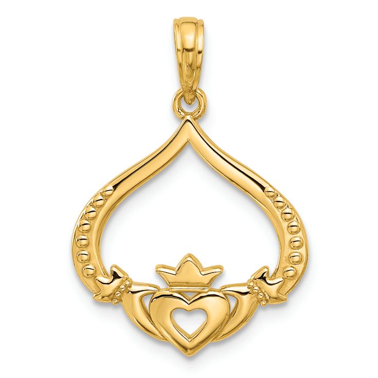 14k Yellow Gold Polished and Textured Claddagh Pendant