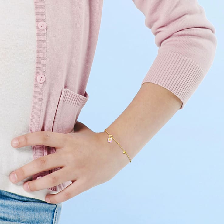 Children's Lock and Heart Pink Enamel Chain Bracelet 18K Yellow Gold
Over Sterling Silver