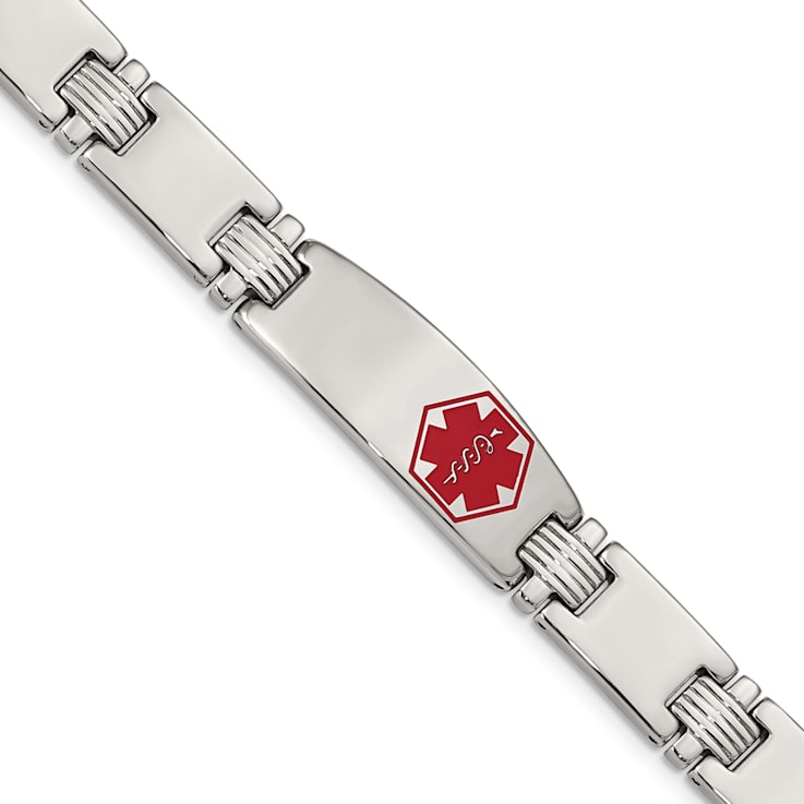 Stainless Steel Polished and Brushed Red Enamel 8.25-inch Medical ID Bracelet