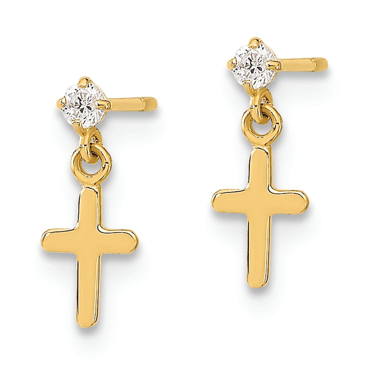 14K Yellow Gold Children's Cubic Zirconia Cross Dangle Earrings