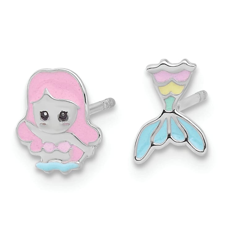 Rhodium Over Sterling Silver Multicolor Enamel Mermaid Children's Post Earrings