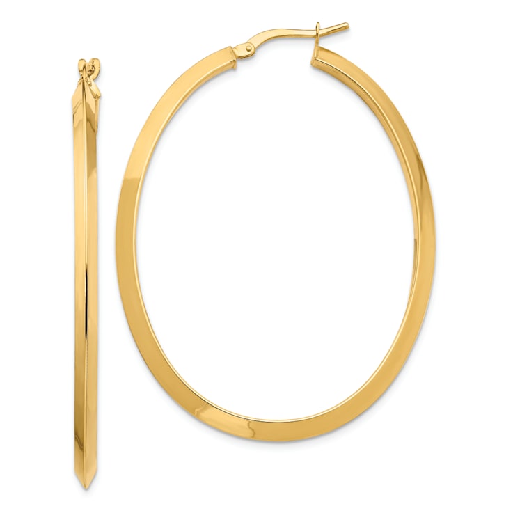 14k Yellow Gold 2" Large Knife Edged Oval Hoop Earrings