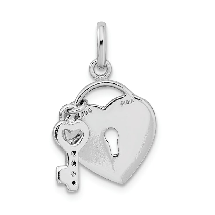Rhodium Over Sterling Silver Cubic Zirconia Glitter Infused Heart and
Key Pendant