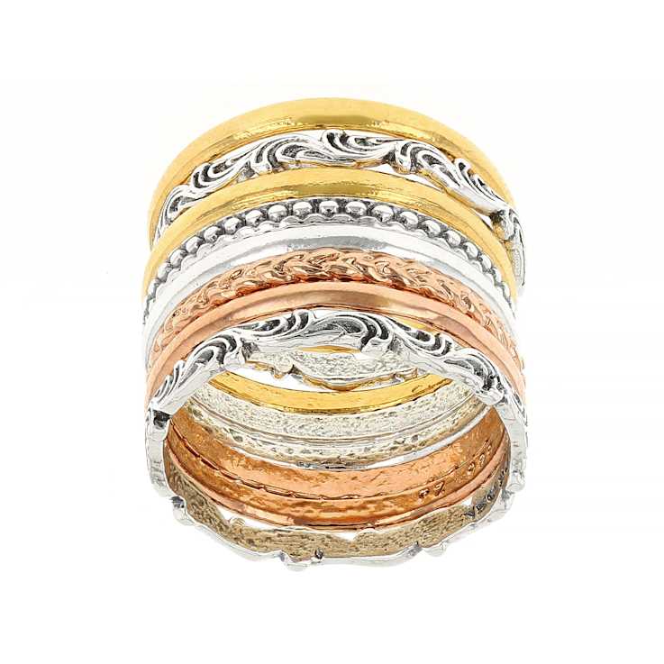 Tri-Tone Stacking Set Of 8 Band Rings In Sterling Silver