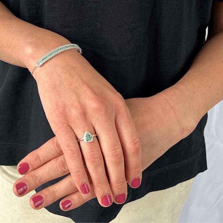 Emerald and Moissanite Sterling Silver Heart Shape Cluster Ring
