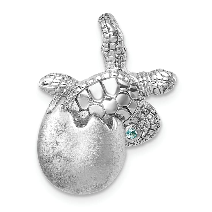 Rhodium Over Sterling Silver Moveable Crystal Hatching Turtle Chain
Slide Pendant