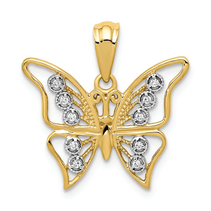 14K Two-tone Gold  Textured Diamond Butterfly Pendant