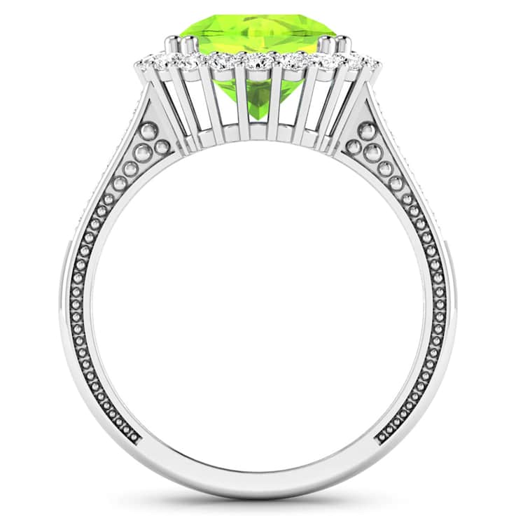 Round Green Peridot and Diamond 14K White Gold Halo Ring 3.14 ctw