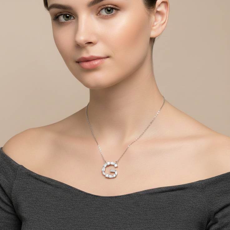Initial G Mixed Cut CZ Pendant Necklace In Sterling Silver 18 Inch