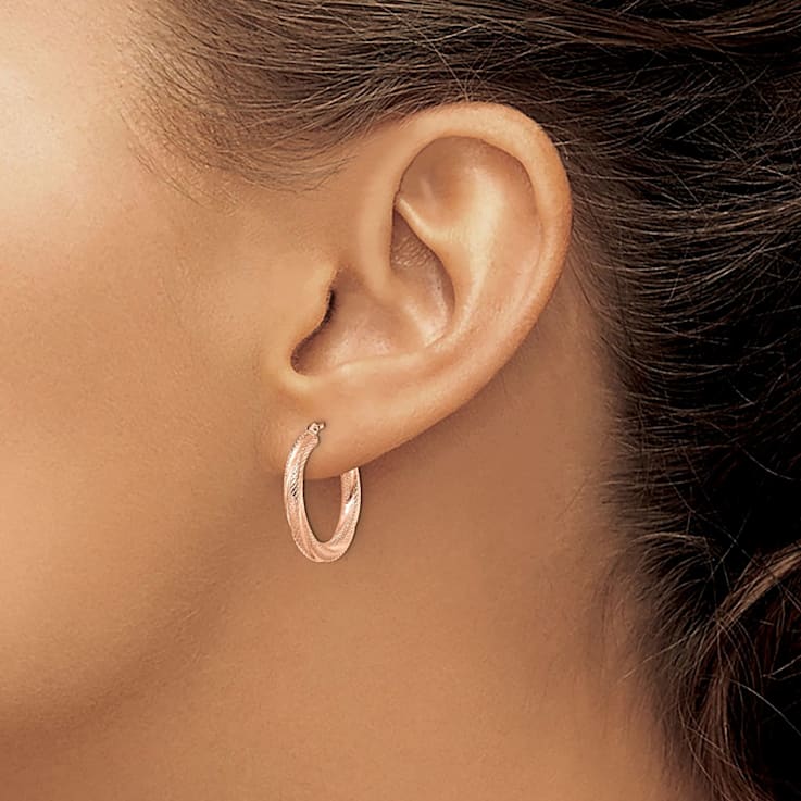 10k Rose Gold 21mm x 3mm Textured Hinged Hoop Earrings
