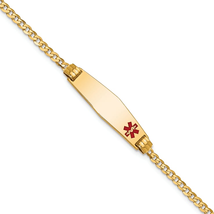 14k Yellow Gold Medical Soft Diamond Shape Red Enamel Curb Link ID Bracelet
