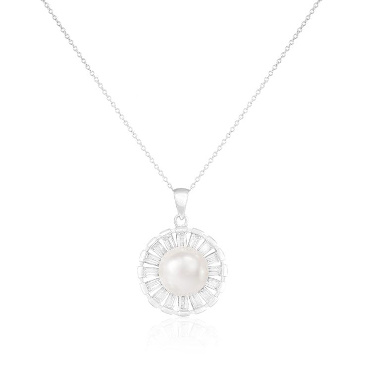 9-10mm White Cultured Freshwater Pearl Sterling Silver Pendant W/Chain