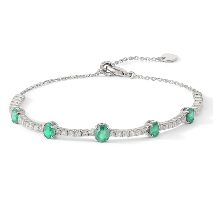 Oval Green Emerald and White Zircon Sterling Silver Bolo Tennis Bracelet