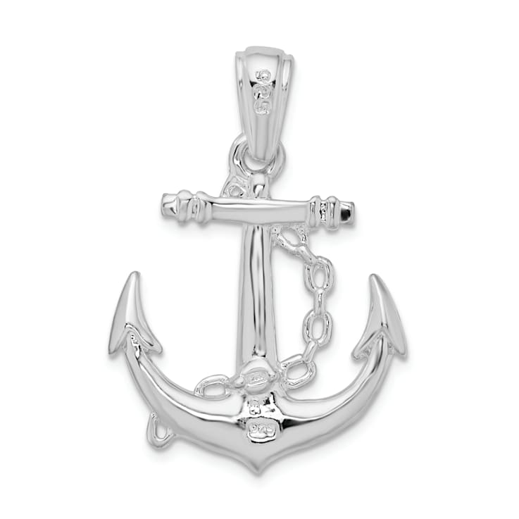 Rhodium Over Sterling Silver Polished 3D Anchor with Chain Pendant