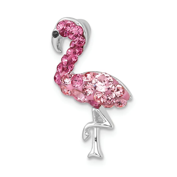 Rhodium Over Sterling Silver Polished Pink Crystal Flamingo Chain Slide