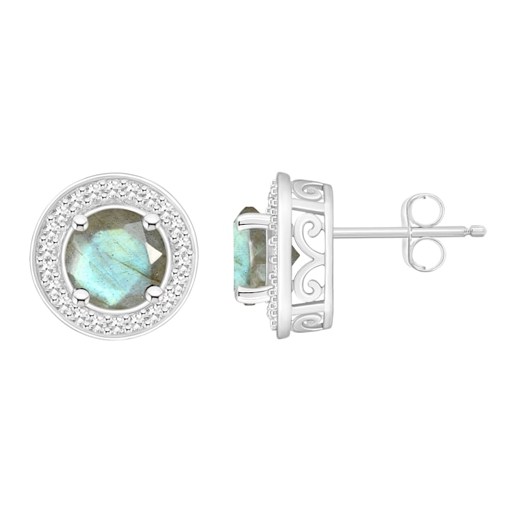6mm Round Labradorite 1/5 ctw Diamond Rhodium Over Sterling Silver Halo
Stud Earrings