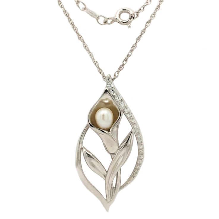 6x4mm Oval White Freshwater Pearl and 1.75mm Round White Cubic Zirconia
Sterling Silver Necklace