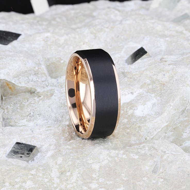 STEPHEN Rose Gold Plated Black Titanium Flat Brushed Wedding Ring With
Beveled Polished Edges 8mm
