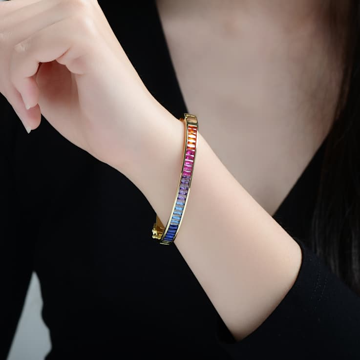 Multi-Color CZ Rectangle Bangle Bracelet In 14K Gold Over Brass