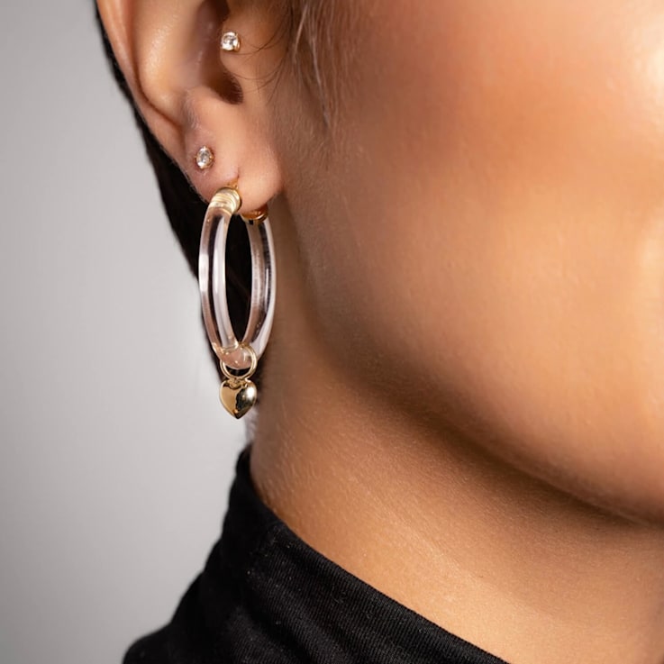 14K Yellow Gold Over Sterling Silver Acrylic Mini Heart Charm Hoop
Earrings in Clear