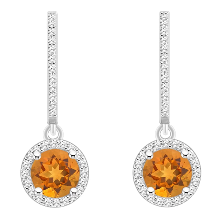 6mm Round Citrine 1/3 ctw Diamond Rhodium Over Sterling Silver Halo
Dangle Earrings