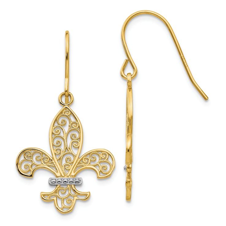 14k Yellow Gold and Rhodium Over 14k Yellow Gold Fleur-de-lis Dangle Earrings