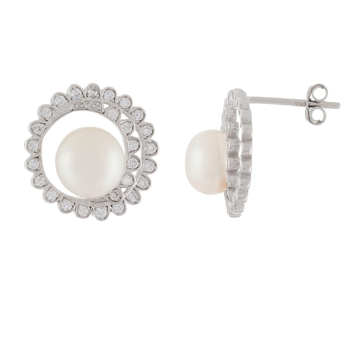 White Cultured Freshwater Pearl and CZ Rhodium Over Sterling Silver
7-8mm Button Earrings