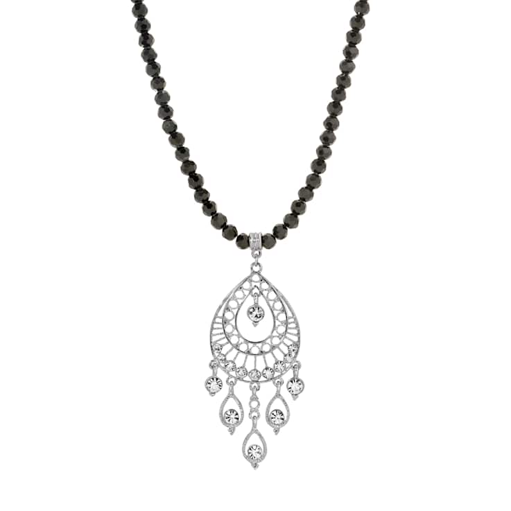 Black Bead Crystal Filigree Teardrop Pendant Necklace 15" Adj.