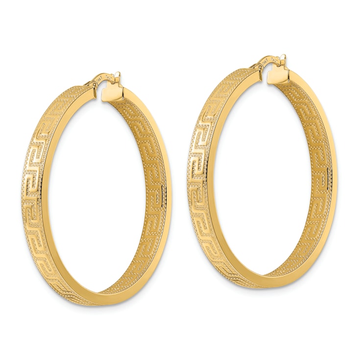 14k Yellow Gold 1 7/16" Textured Greek Key Hoop Earrings