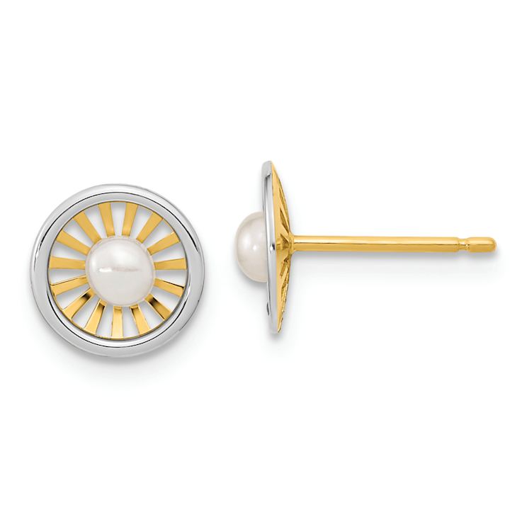 14k Two-tone Gold 7.98mm Stud Earrings with 3-3.5mm Freshwater Cultured Pearl