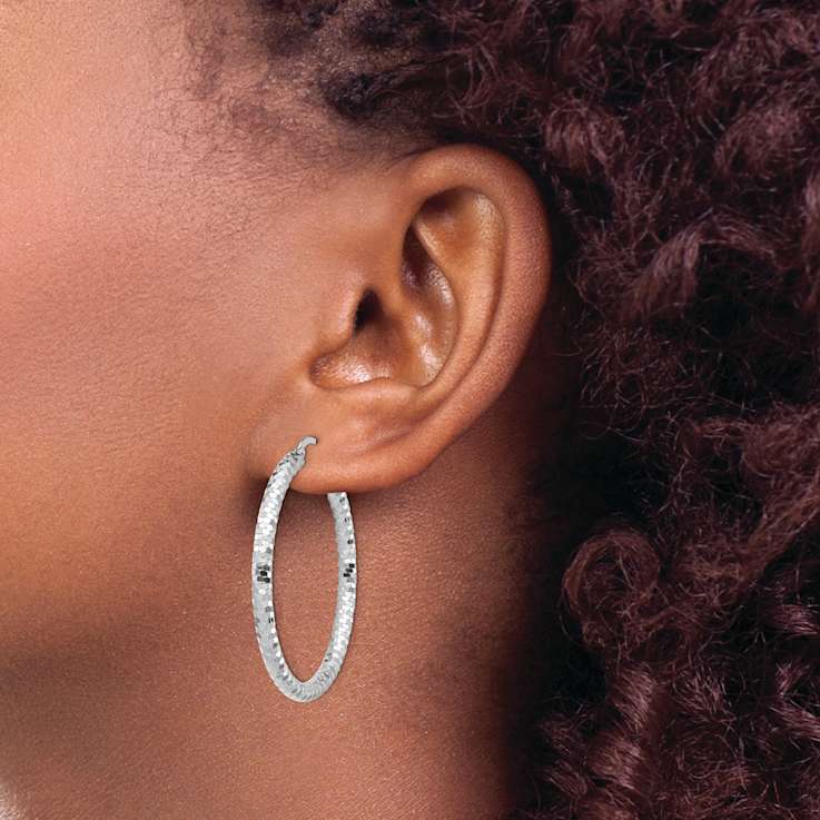Rhodium Over 14k White Gold 1 9/16" Diamond-Cut Hoop Earrings