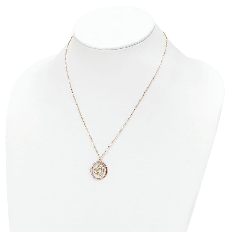 14K Two-tone Fancy Link Diamond-cut Heart in Open Circle Necklace