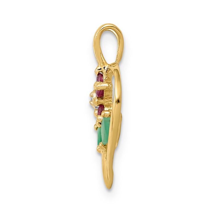 14K Two-tone Gold  Siam Ruby, Emerald and Diamond Flower Heart Pendant
