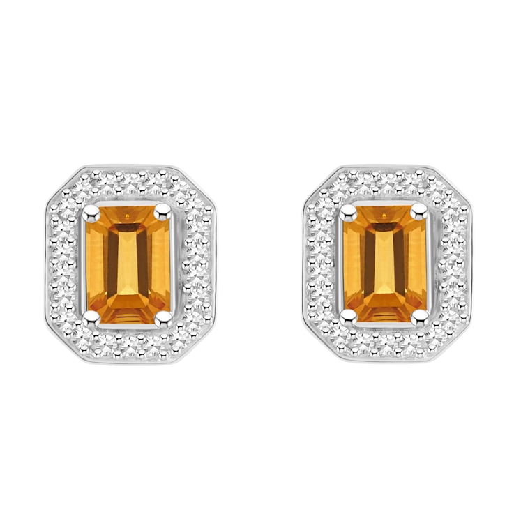 6x4mm Emerald Cut Citrine 1/5 ctw Diamond Rhodium Over Sterling Silver
Halo Stud Earrings