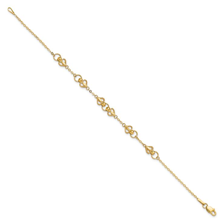 10k Yellow Gold Diamond-Cut Textured Hearts and Beads Link Bracelet
