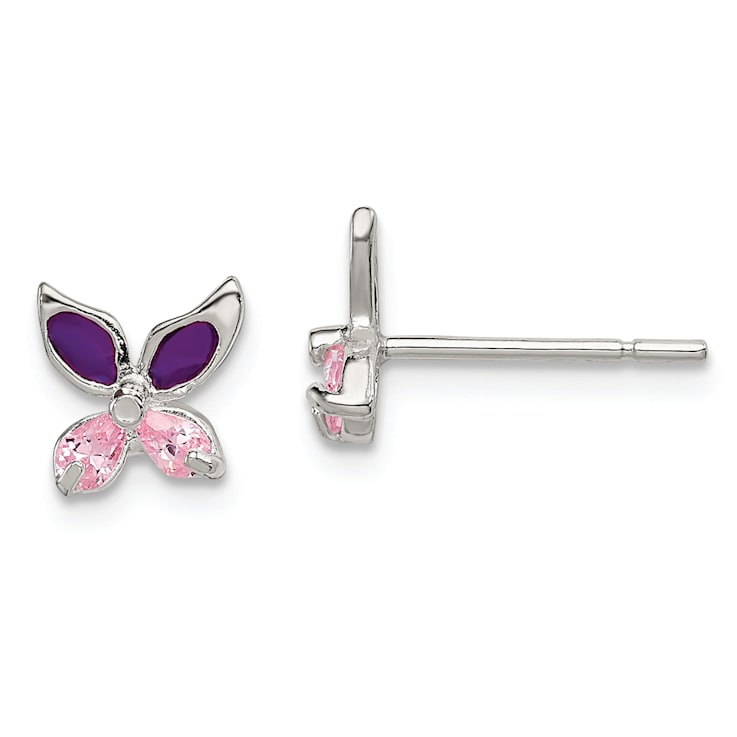 Sterling Silver Pink CZ and Purple Enamel Butterfly Children's Post Earrings