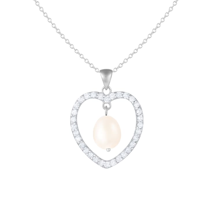 8-8.5mm White Cultured Freshwater Pearl Sterling Silver Pendant W/Chain