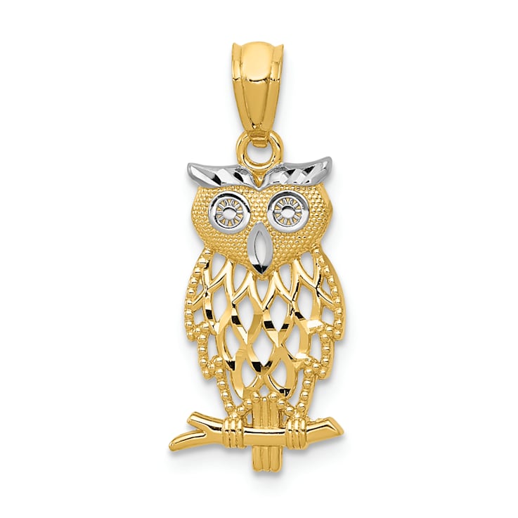 14K Two-tone Gold with Rhodium Owl Pendant