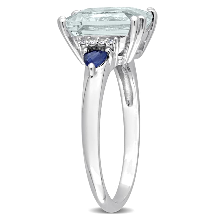 Aquamarine, Blue Sapphire and Diamond 14K White Gold 3-Stone Ring 3.19ctw