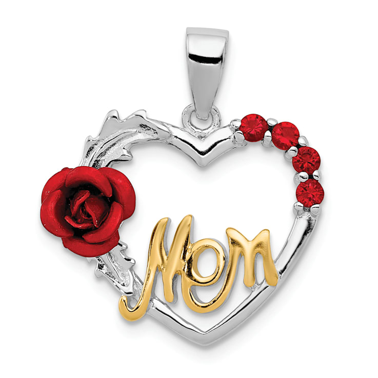 Sterling Silver and 14K Yellow Gold Vermeil Red Flower and Cubic
Zirconia Mom Pendant