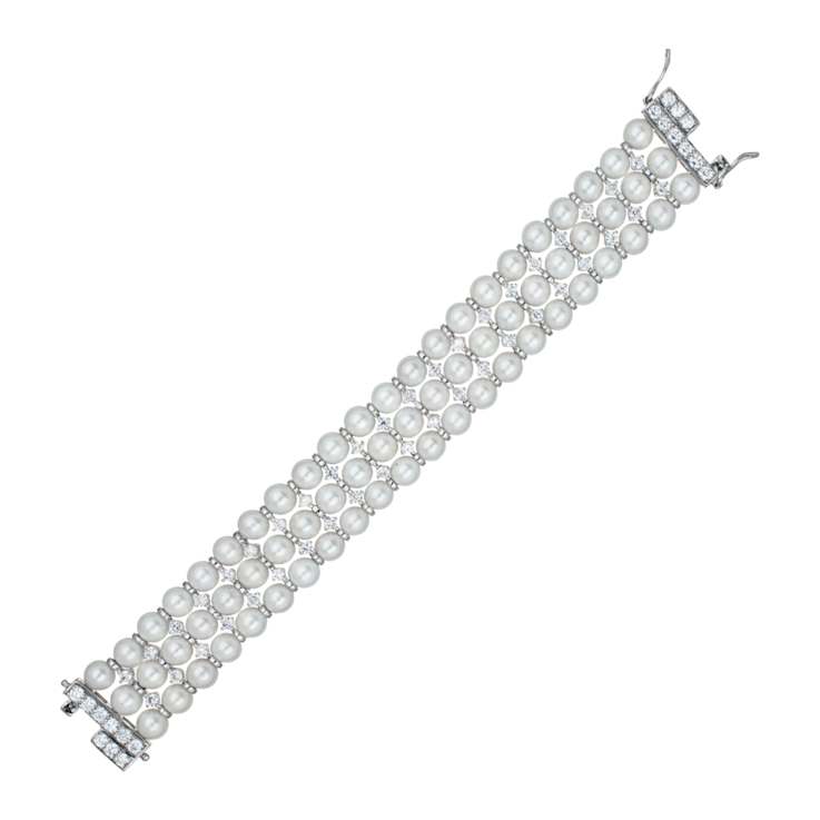 Triple-Strand Pearl And CZ Bracelet In Sterling Silver
